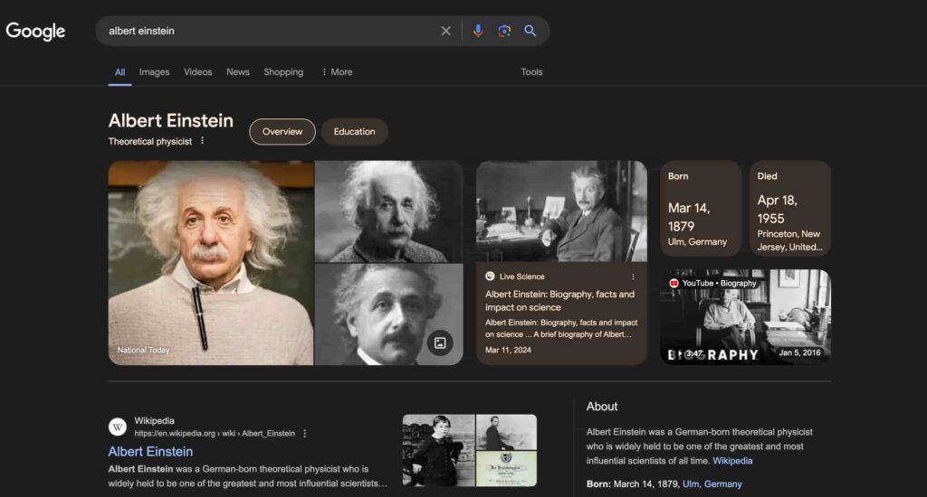 if you search for “Albert Einstein”