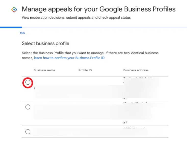 Select your business profile